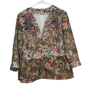 Soft Surroundings Ariege Boho Embroidered Floral Jacket • Peplum • PXL